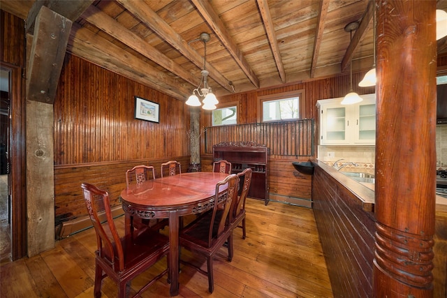 6 Stable Rd, Tuxedo Park, NY 10987 - dining space with wooden walls, beamed ceiling, light wood-style flooring, and wood ceiling