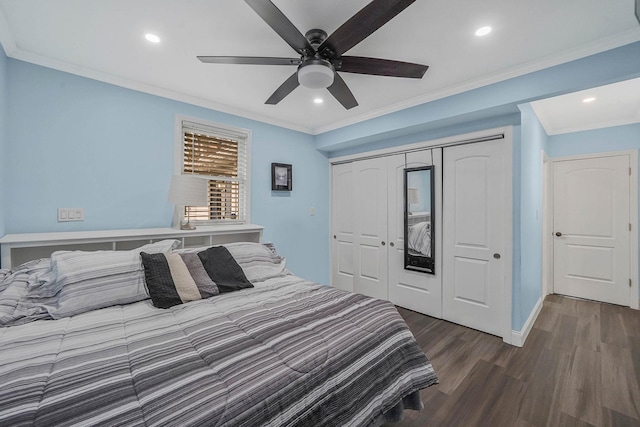 bedroom featuring dark wood-style floors, recessed lighting, a closet, and crown molding