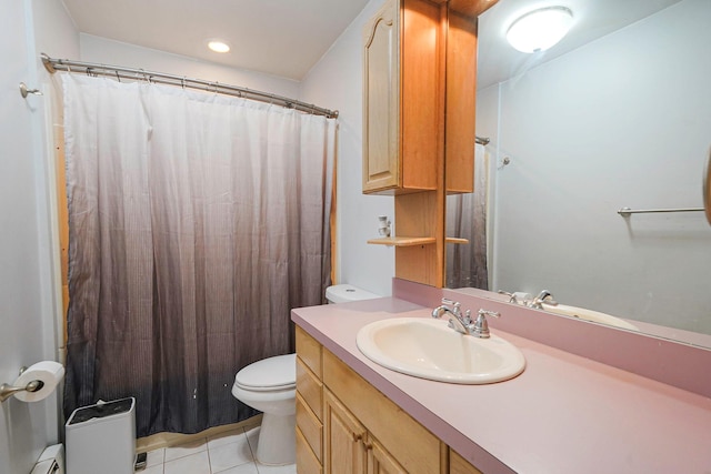 bathroom featuring a baseboard heating unit, vanity, a shower with curtain, toilet, and tile patterned flooring