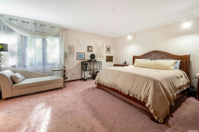 bedroom featuring carpet and track lighting