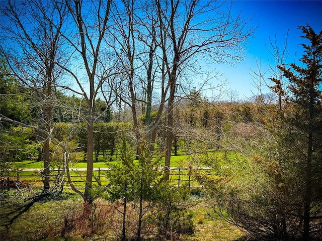 view of landscape featuring a forest view