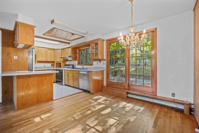 kitchen featuring a chandelier, light wood-style flooring, dishwasher, a baseboard radiator, and electric range oven