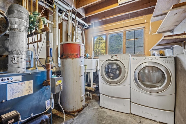 laundry room with water heater, separate washer and dryer, and laundry area