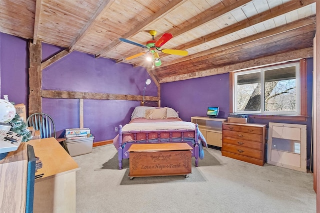 carpeted bedroom with wood ceiling, lofted ceiling with beams, and a ceiling fan