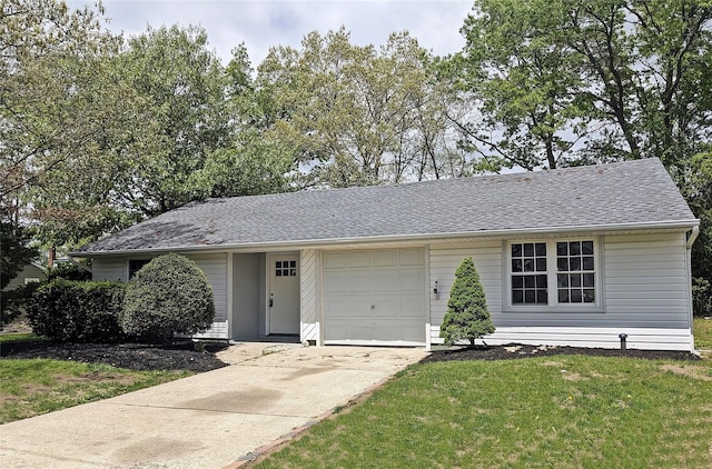 65 Biscayne Dr, Selden, NY 11784 - ranch-style home featuring a garage, concrete driveway, a front lawn, and roof with shingles