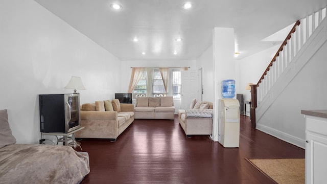150-31 Hoover Ave, Briarwood, NY 11432 - living area with dark wood finished floors, stairs, and recessed lighting