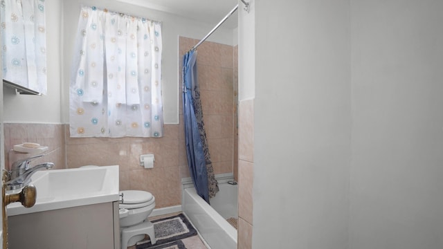 150-31 Hoover Ave, Briarwood, NY 11432 - bathroom with tile walls, vanity, and shower / bath combo with shower curtain