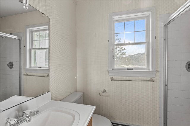 46 Mount Grey Rd, Setauket, NY 11733 - bathroom featuring toilet, healthy amount of natural light, tiled shower, and vanity