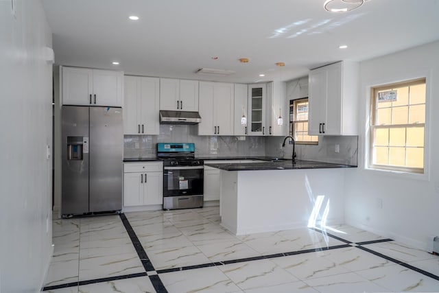 kitchen with recessed lighting, appliances with stainless steel finishes, under cabinet range hood, dark countertops, and decorative backsplash