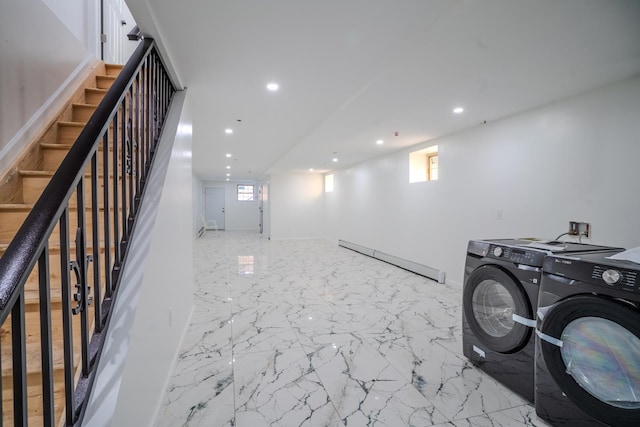 washroom featuring a wealth of natural light, recessed lighting, baseboard heating, and marble finish floor