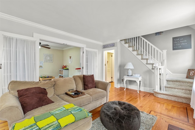 14 Kelly Ct, Kings Park, NY 11754 - living area with stairway, baseboards, wood finished floors, and ornamental molding