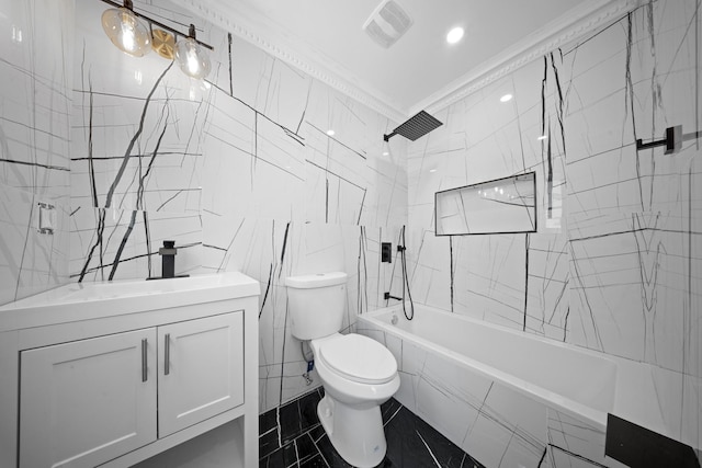 bathroom featuring vanity, toilet, tile walls, visible vents, and ornamental molding