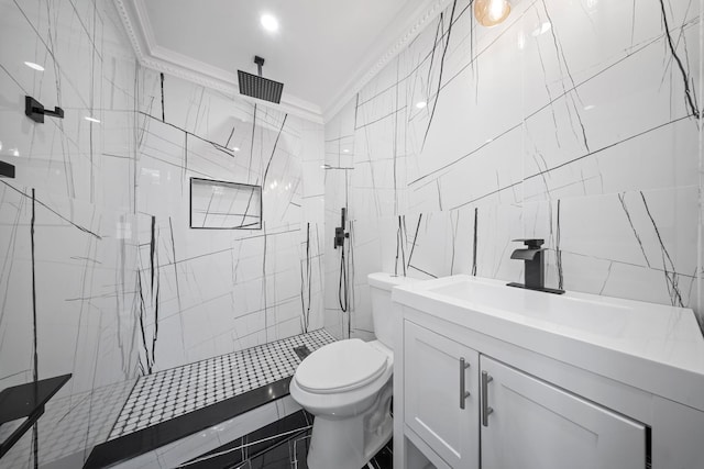 bathroom with tile walls, ornamental molding, toilet, and a marble finish shower