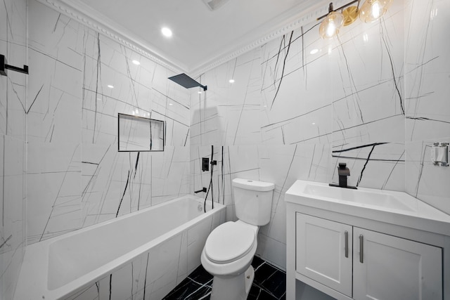 bathroom featuring tile walls, vanity, toilet, marble finish floor, and washtub / shower combination