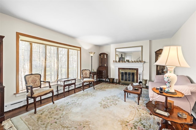 living area featuring a fireplace with flush hearth, wood finished floors, and a baseboard heating unit