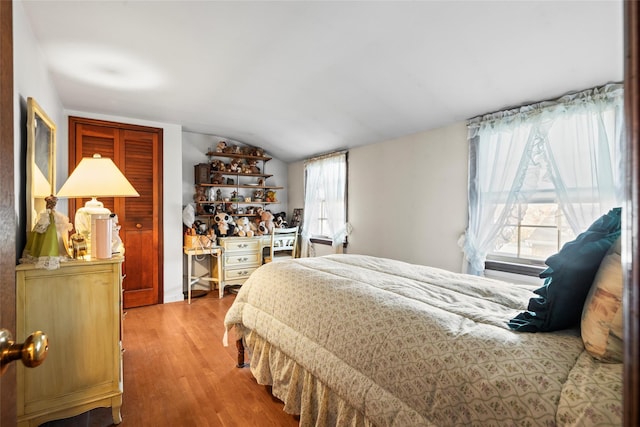 bedroom featuring vaulted ceiling and wood finished floors