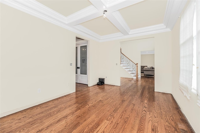 146 Duke Dr, Carmel, NY 10512 - unfurnished living room featuring stairway, wood finished floors, coffered ceiling, ornamental molding, and beam ceiling