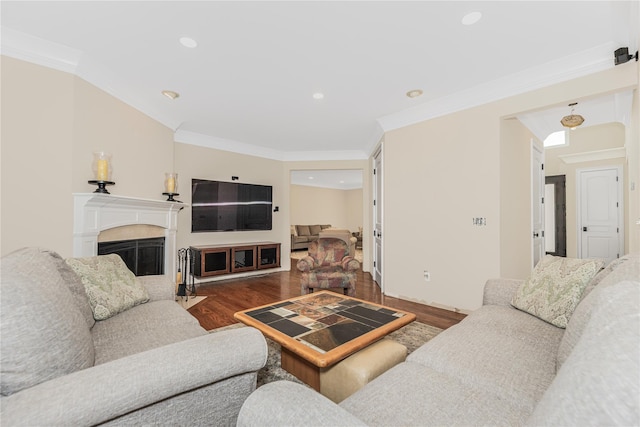 146 Duke Dr, Carmel, NY 10512 - living room with recessed lighting, wood finished floors, a fireplace, and crown molding