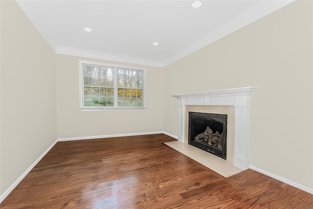 146 Duke Dr, Carmel, NY 10512 - unfurnished living room with a fireplace with flush hearth, baseboards, wood finished floors, and ornamental molding