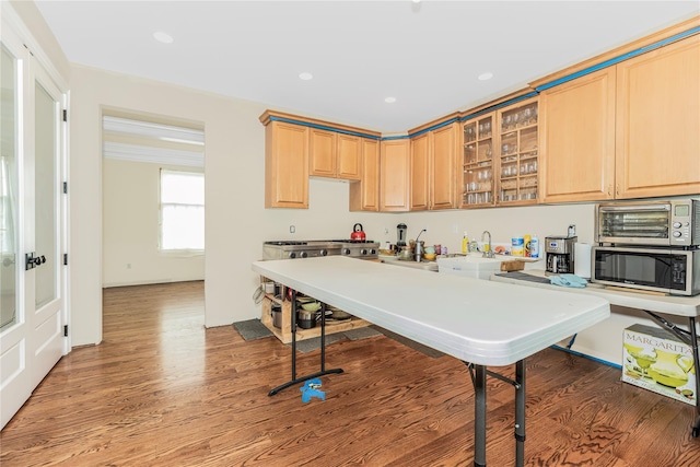 146 Duke Dr, Carmel, NY 10512 - kitchen featuring stainless steel microwave, light wood-type flooring, light brown cabinetry, and a kitchen breakfast bar