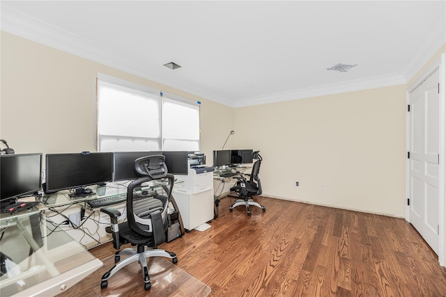 146 Duke Dr, Carmel, NY 10512 - office area with visible vents, wood finished floors, and crown molding