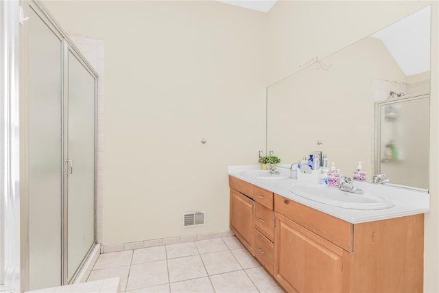 146 Duke Dr, Carmel, NY 10512 - bathroom with tile patterned floors, a sink, a stall shower, double vanity, and visible vents