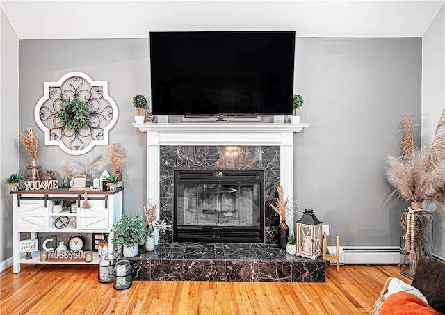 room details featuring baseboards, baseboard heating, wood finished floors, and a fireplace