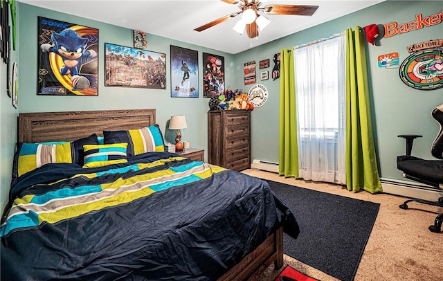carpeted bedroom with a baseboard radiator and a ceiling fan