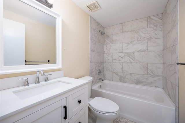 bathroom featuring shower / bathtub combination, visible vents, vanity, and toilet