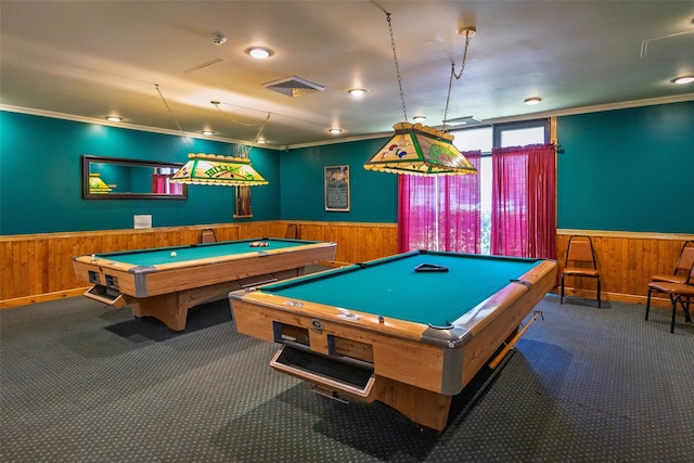 rec room featuring pool table, ornamental molding, a wainscoted wall, and wooden walls