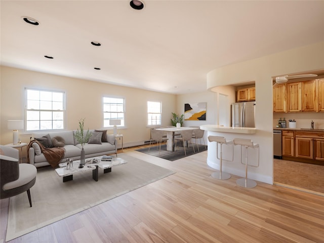 living area featuring baseboards and light wood finished floors