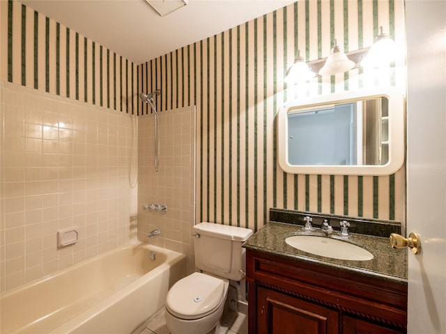 full bath with vanity, toilet, wallpapered walls, and bathtub / shower combination