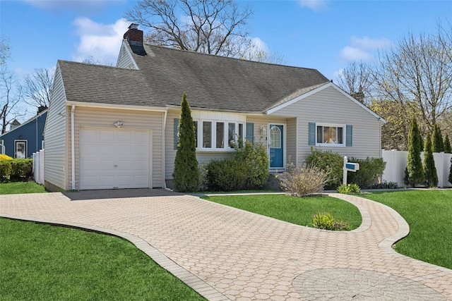 24 Southwood Ln, North Babylon, NY 11703 - single story home featuring a chimney, a shingled roof, an attached garage, decorative driveway, and a front yard