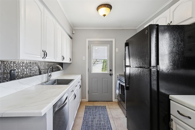 24 Southwood Ln, North Babylon, NY 11703 - kitchen featuring decorative backsplash, stainless steel appliances, a sink, and white cabinetry