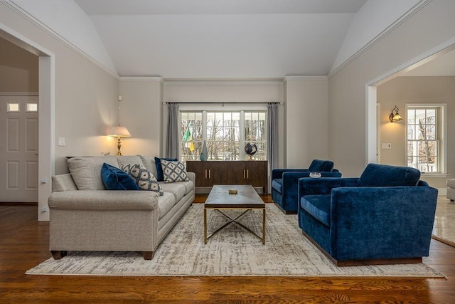 living area with wood finished floors and vaulted ceiling