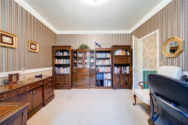 home office featuring carpet floors, a wainscoted wall, and wallpapered walls