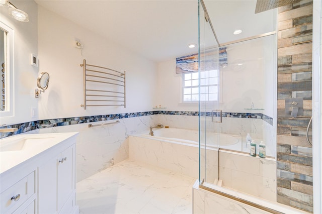 full bath featuring a bath, radiator heating unit, vanity, and a stall shower