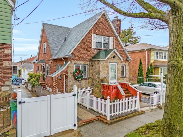 tudor home with stone siding, a gate, a shingled roof, and a fenced front yard