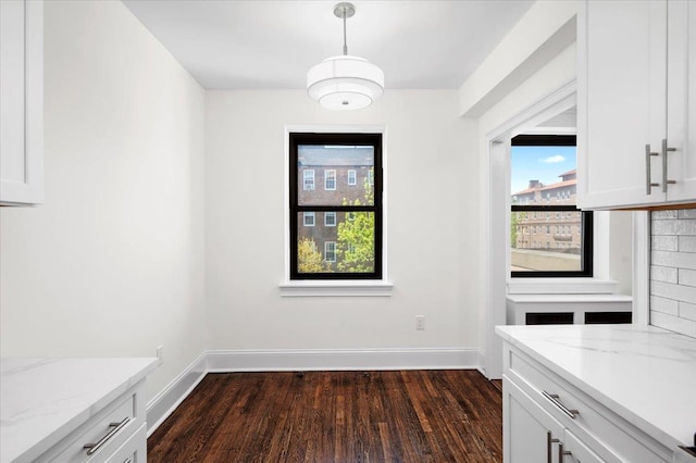 unfurnished dining area with baseboards and dark wood-type flooring