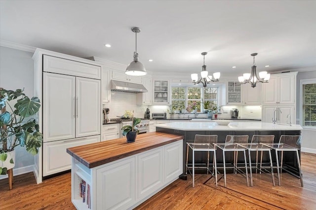 kitchen with white cabinetry, a chandelier, under cabinet range hood, a large island, and wood finished floors