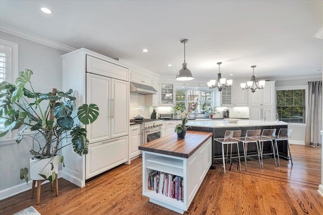 kitchen with wood counters, a spacious island, under cabinet range hood, an inviting chandelier, and high end stainless steel range