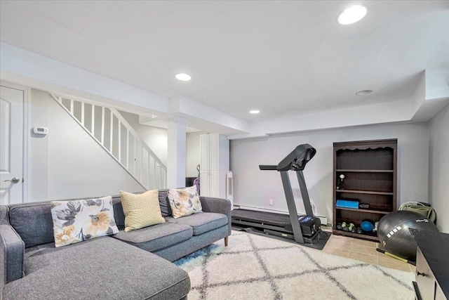 interior space featuring stairway, tile patterned flooring, and recessed lighting