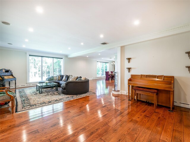4 Terrace Ct, Port Washington, NY 11050 - living room with wood finished floors, ornamental molding, recessed lighting, and a baseboard radiator