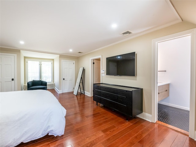 4 Terrace Ct, Port Washington, NY 11050 - bedroom featuring wood finished floors, crown molding, baseboards, connected bathroom, and recessed lighting