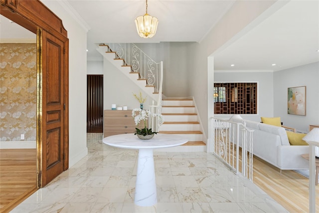 270 Bayberry Dr, Hewlett Harbor, NY 11557 - entryway featuring a notable chandelier, stairs, baseboards, ornamental molding, and recessed lighting