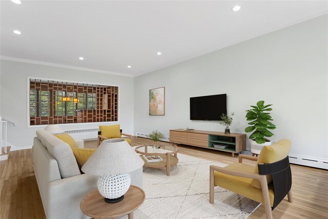 270 Bayberry Dr, Hewlett Harbor, NY 11557 - living area with baseboard heating, crown molding, wood finished floors, and recessed lighting