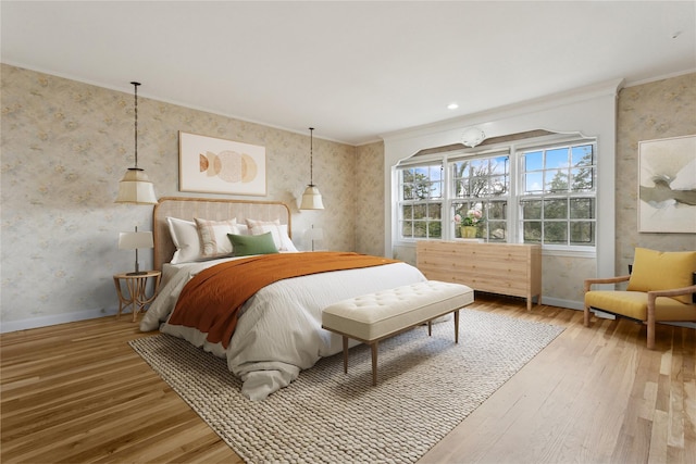 270 Bayberry Dr, Hewlett Harbor, NY 11557 - bedroom featuring wood-type flooring, wallpapered walls, crown molding, and baseboards