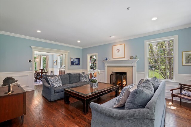 living room featuring a premium fireplace, wainscoting, dark wood-style flooring, crown molding, and recessed lighting
