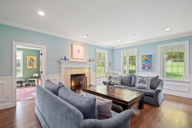 living area with crown molding, dark wood-style floors, a wainscoted wall, a lit fireplace, and recessed lighting