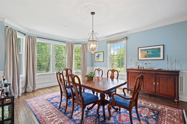 dining room with a chandelier, ornamental molding, wood finished floors, a decorative wall, and wainscoting